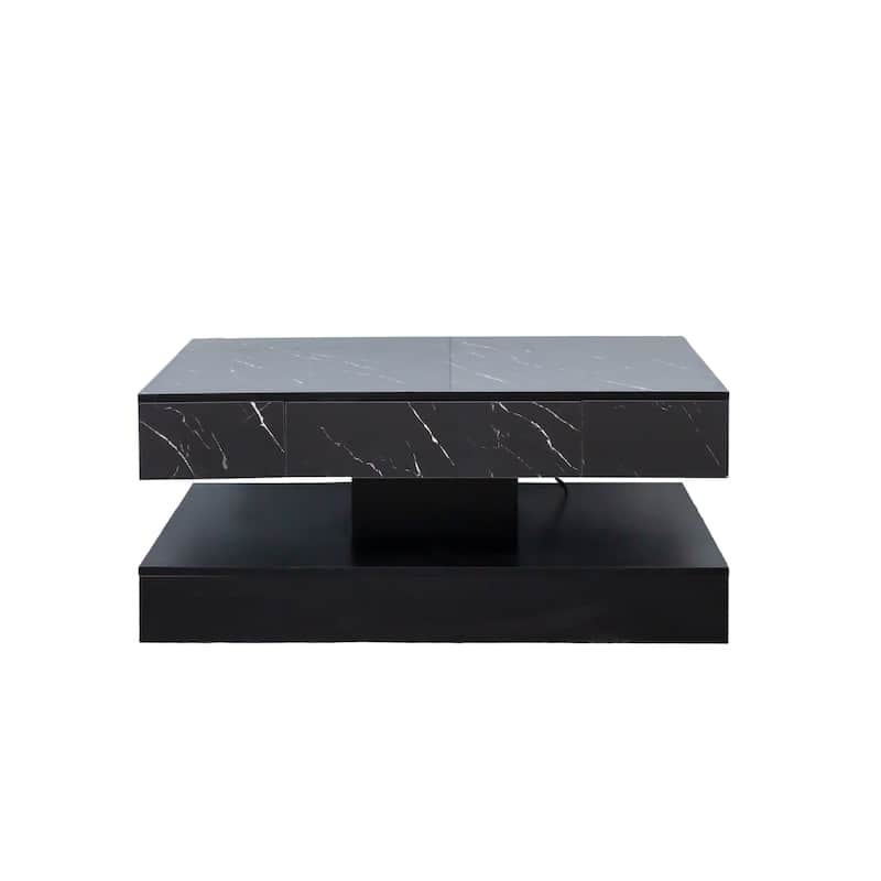 High-Glossy LED Coffee Table with 2 Drawers, Living Room Storage Tables with Marbling Print, Stylish Double-Layer Center Tables