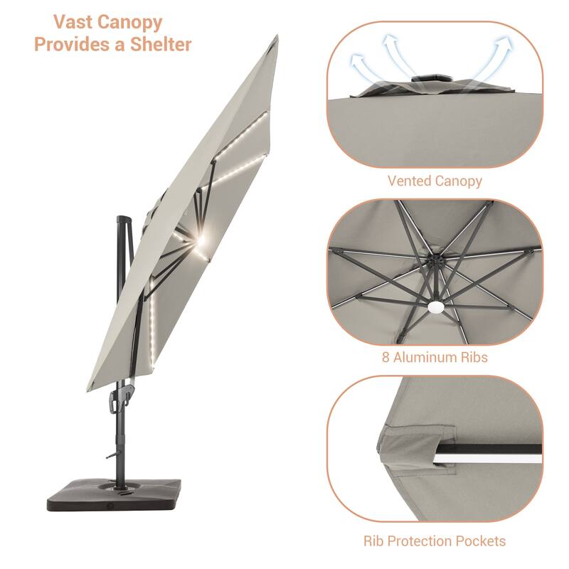 LIVOOSUN Patio10x10FT LED Aluminum Cantilever Umbrella Solution-Dyed Fabric w/Base