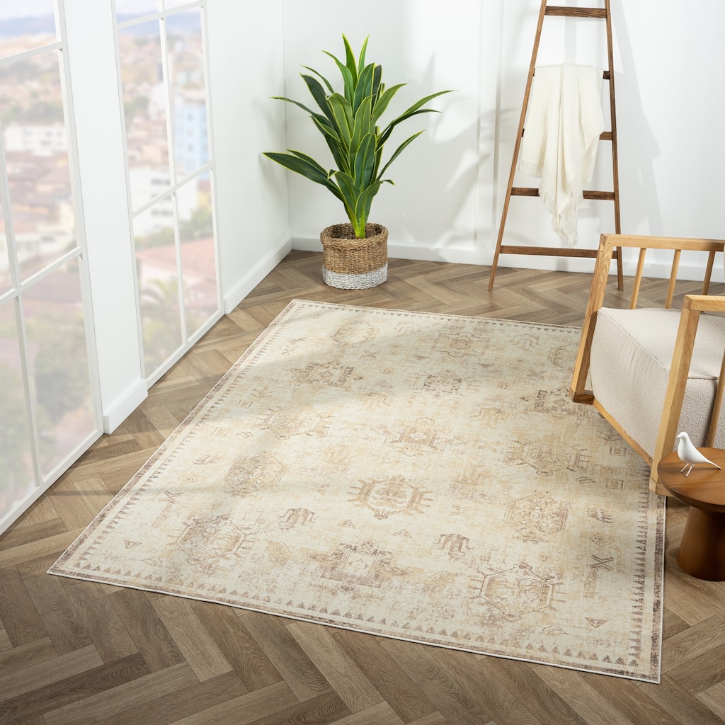 Sevita Alis Washable Non-Slip Farmhouse Beige Transitional Indoor Area Rug