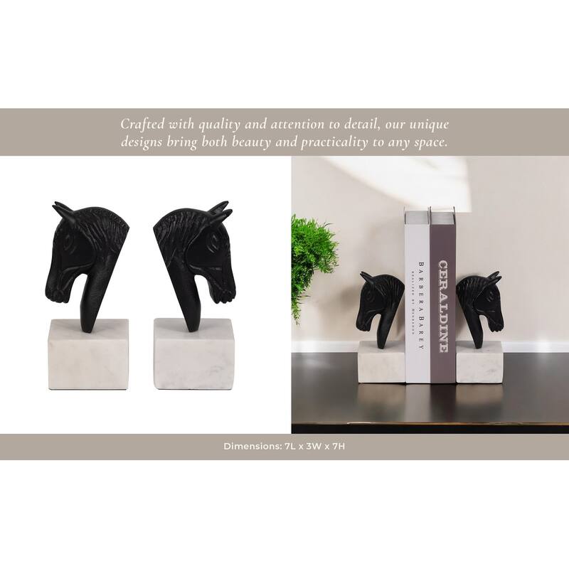 Sagebrook Home Bookends Metal & Marble Sculpted Horse Head Design 3x3x7" Black/White Modern Decor Black White Marble