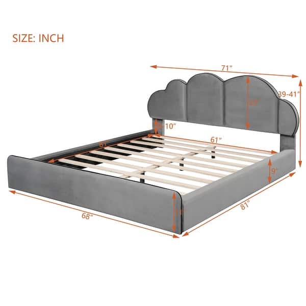 Grey Upholstered Queen Size Platform Bed with Cloud-shaped Headboard for Kids,Adults