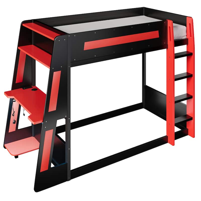 Full or Twin Gaming Bunk Bed Gaming Loft Bed with Built-In Gaming Station Cable Management for Gamer Gaming Hotel Gaming Suite