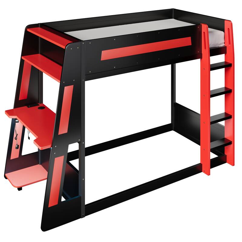 Gaming Bunk Bed with Computer Desk, Storage Shelves, USB Port and LED Strip Lighting, Esports Design, Wooden Gaming Bed