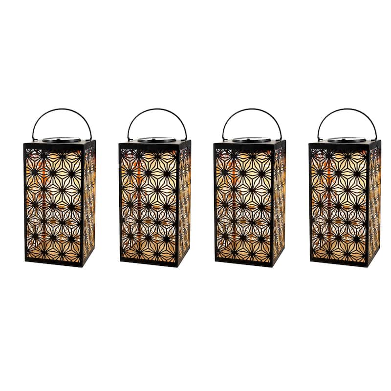 Set of 4 11"H Glass Pattern Oudoor Solar Powered Hanging Lanterns By Glitzhome
