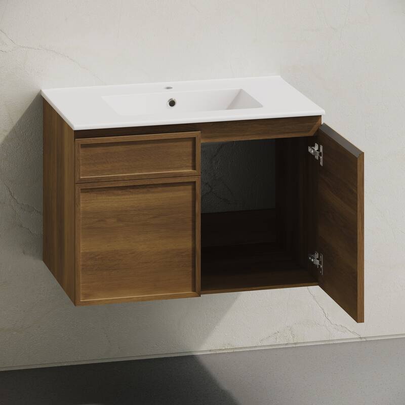 St. Tropez 30" Wall-Mounted Bathroom Vanity In Brown Oak With Sink Top - 30
