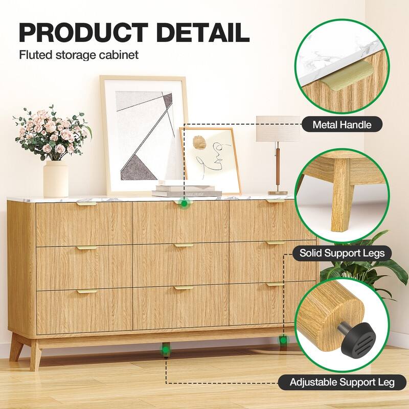 57" Wooden Buffet Cabinet With Faux Marble Top & Fluted Chest Of Drawers With Curved Edges