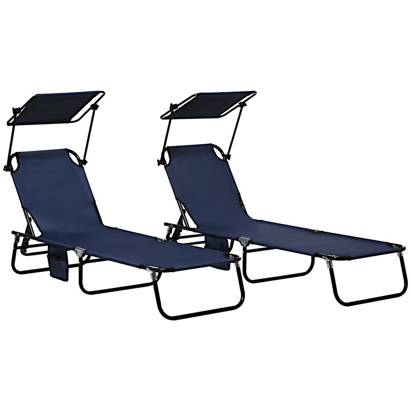 Outdoor Folding Chaise Lounge Pool Chairs with Canopy Shade, Reclining Back, Steel Frame and Side Pocket for Beach, Yard, Patio - Dark Blue