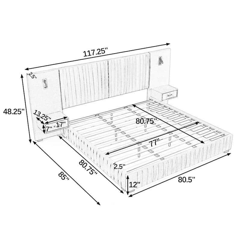 Pleating Upholstered Bed Platform Bed Frame with Enlarged Widened Headboard and Integrated Bedside Table Adjustable Bedside Lamp