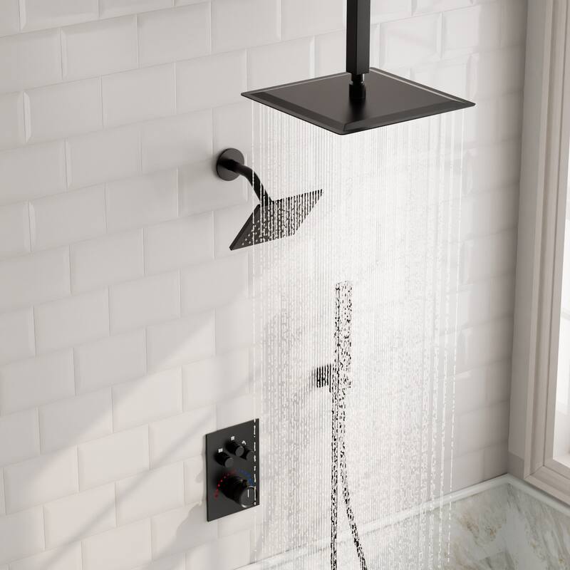 GRANDJOY Dual Shower Heads System 12" & 6" Rainfall Shower Head with Handheld Sprayer