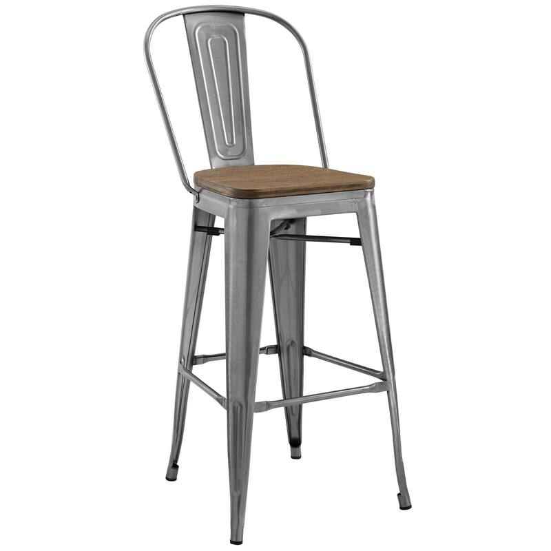 Industrial Modern Steel Bistro Bar Stool With Bamboo Seat in Black - Grey