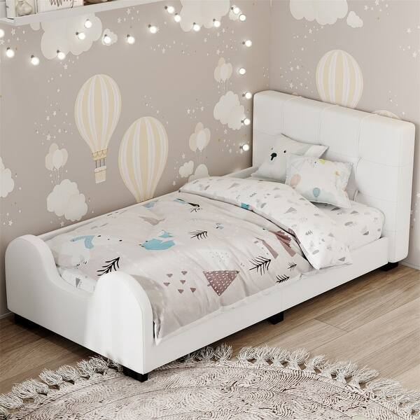 slide 2 of 30, Twin Size Upholstered Platform Bed with Guardrail, Faux Leather Bed Frame with Headboard and Footboard, Sofa Bed Frame White