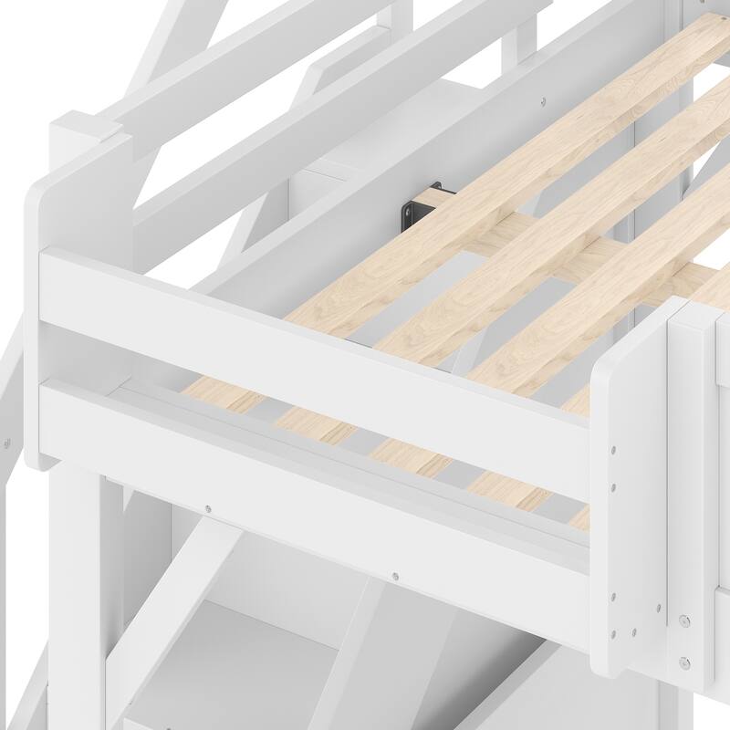 Kids Solid Wood Loft Bed Frame with Built-in Wardrobe, Storage Shelves, Full-length Guardrails and Stairs, No Box Spring Needed