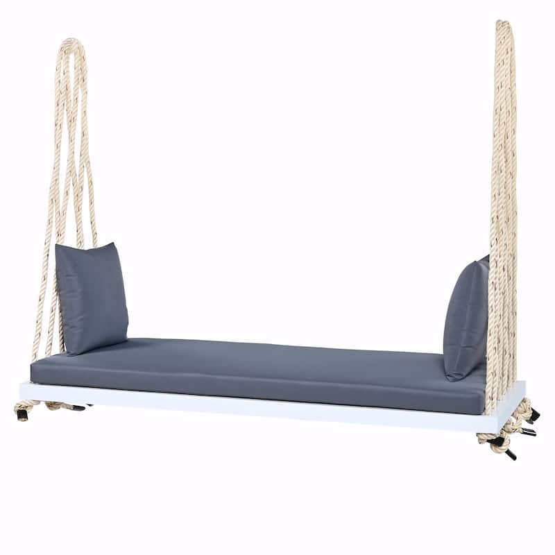 Patio Wooden Swing Chair, Hanging Porch Swing Bench with Cushion & Pillows, 10.8Ft Hemp Ropes