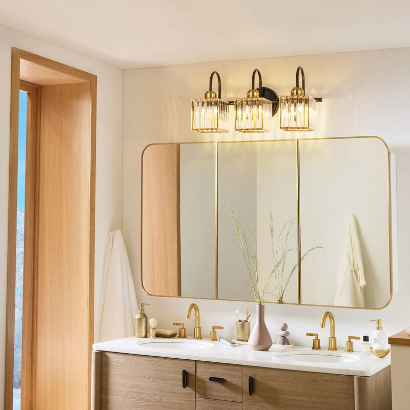 3/4-Light Mid-Century Modern Black and Gold Bathroom Vanity Light Cylinder Crystal Wall Sconces Lighting
