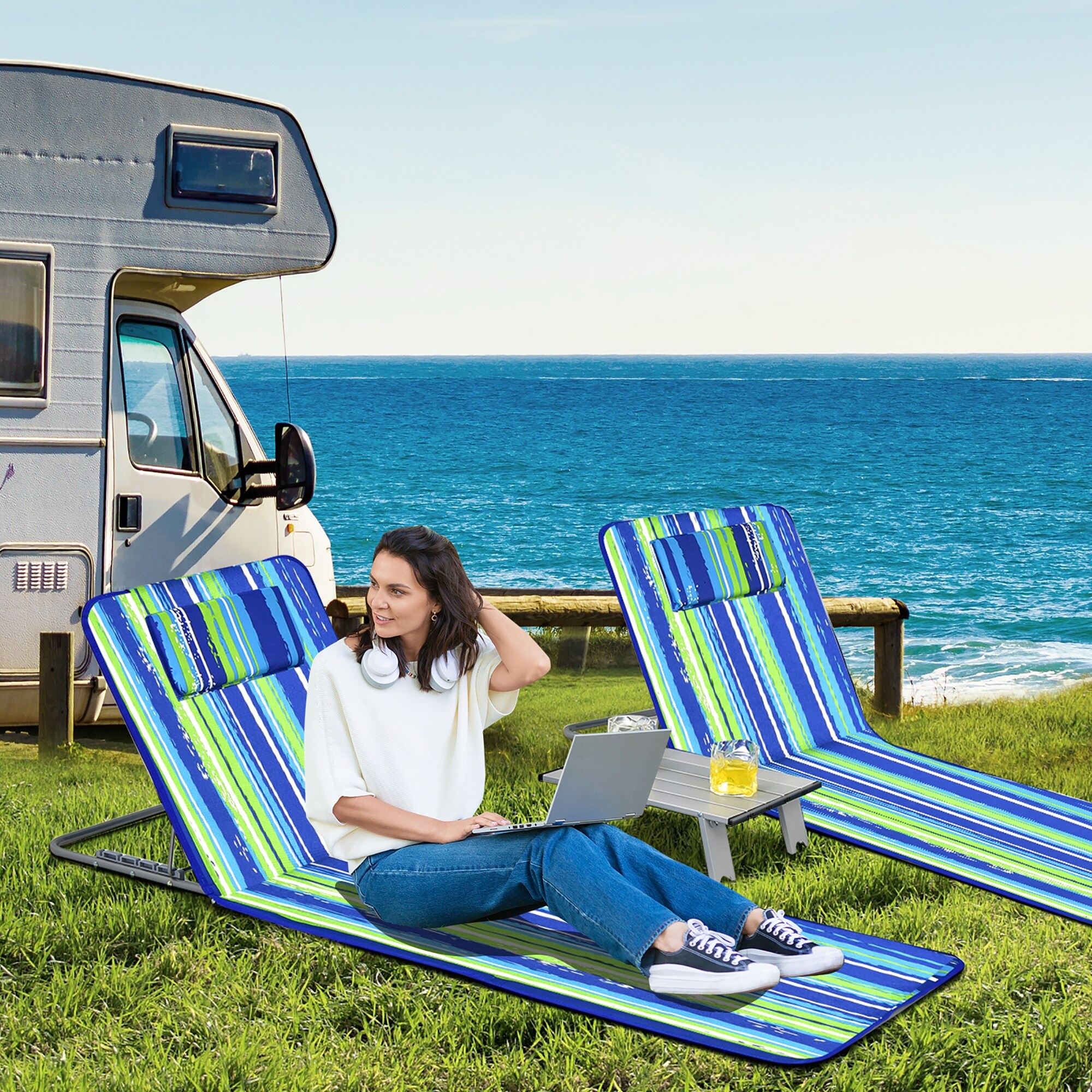 Costway 3 Piece Beach Lounge Chair Mat Set 2 Adjustable Lounge Chairs Bed Bath Beyond 35386631