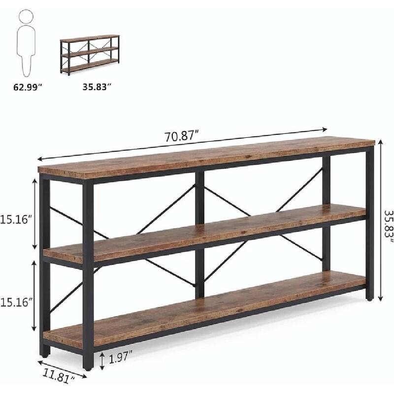 70.8" Rustic 3-Tier Sofa Console Table with Open Shelves and Metal Frame