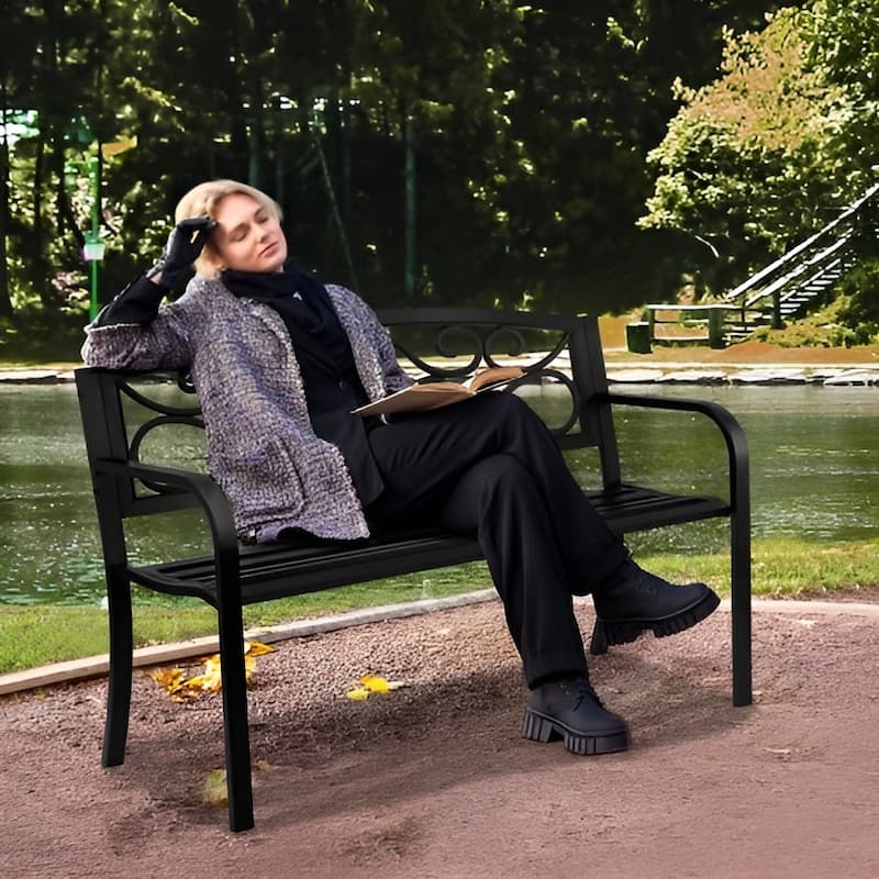 Black Metal PVC Garden Bench, 50 inches Floral Patio Seat with 550lb Capacity - 20.7” L x 50” W x 32.2” H
