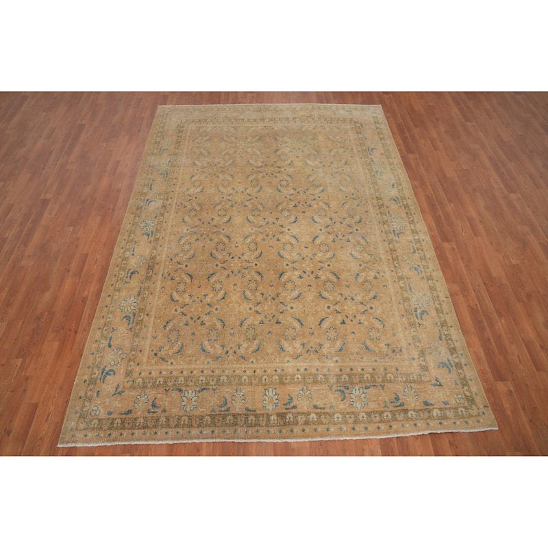 Hand Knotted Oriental 100% Wool Carpet Traditional All-Over Brown Tabriz Area Rug - 9' 11'' X 6' 10''