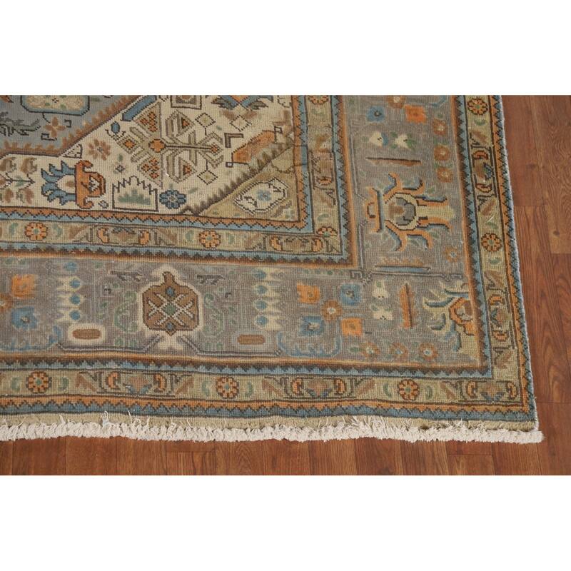 Grey Geometric Tabriz Vintage Persian Area Rug Handmade Wool Carpet - 8'1" x 11'3"