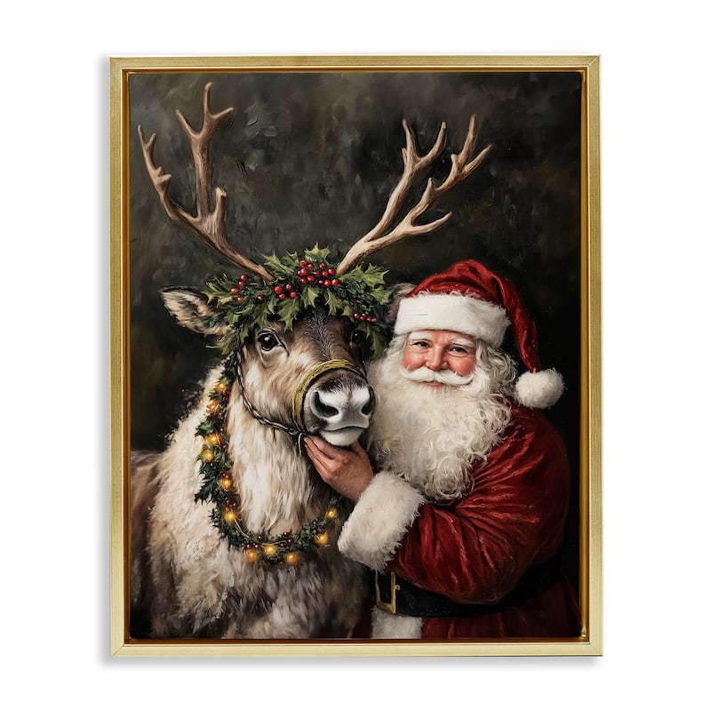 Stupell Santa & Reindeer Portrait Framed Floater Canvas Wall Art Design By Arlington Prints - 17 x 21 - Gold