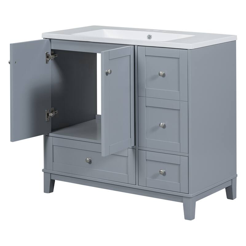 36" Modern Bathroom Vanity with USB Charging, 2Doors and 3Drawers Storage Vanity Cabinet, single sink, Faucets Not Included