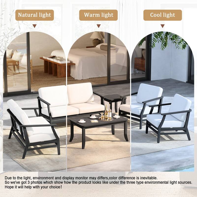 6-Seat Outdoor Teak Wood Patio Conversation Set with Cushions Tables
