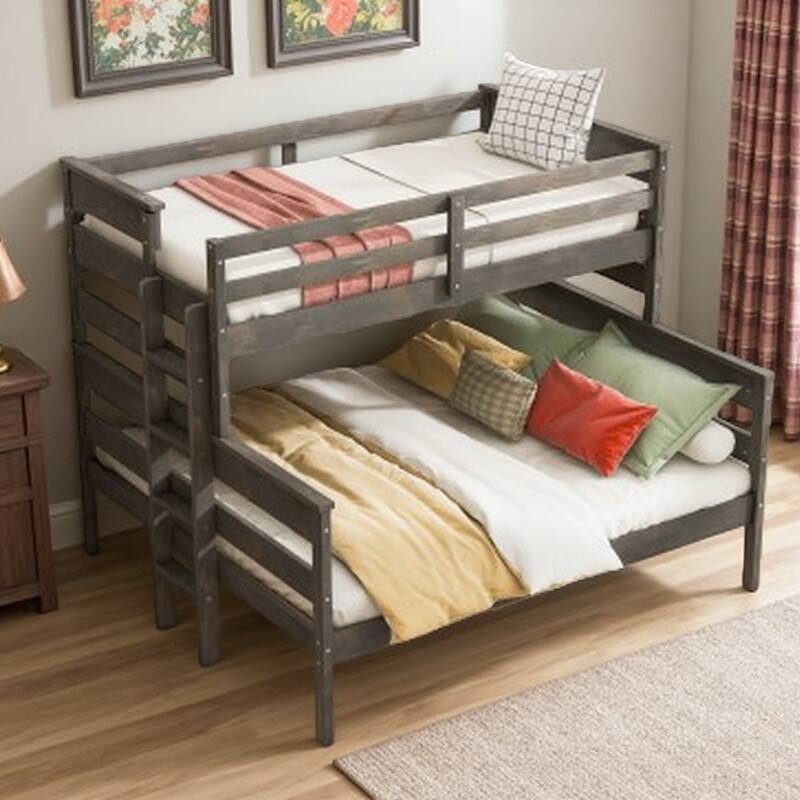 Wood Twin XL over Queen Bunk Bed with Ladder, Detachable Design, No Box Spring Required, Sturdy Pine Wood Frame - Gray