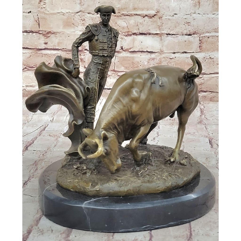 Spanish Matador W/ Imitative Bull - Signed Original Bronze Metal Sculpture Statue