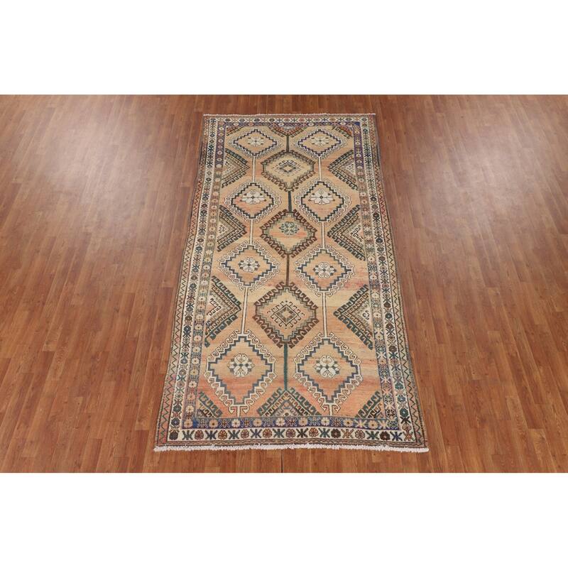 Orange Geometric Bakhtiari Persian Vintage Rug Handmade Wool Carpet - 5'0" x 10'0"