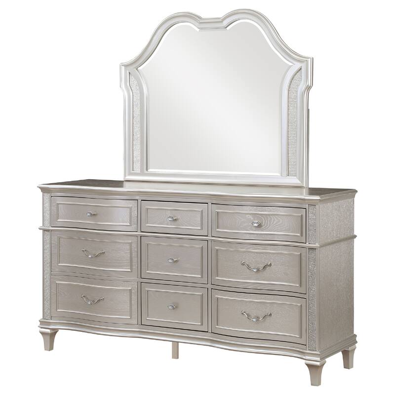 Nive Wide Dresser with Mirror, 9 Drawers, Pearl Knobs, Silver Oak