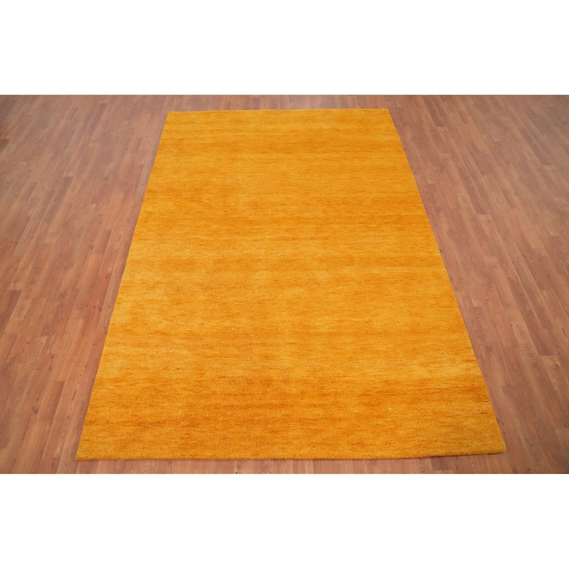Hand Knotted Oriental 100% Wool Carpet Modern Solid Yellow & Gold Gabbeh Area Rug - 8' 9'' X 6' 0''