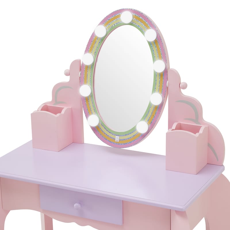 Teamson Kids Vanity Pretend Playset with LED Illuminated Mirror, Matching Stool, and Storage Drawer