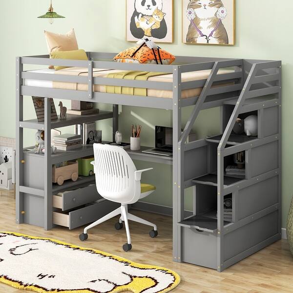 slide 2 of 32, Twin Size Loft Bed with Desk, Shelves, Storage Staircase, and 2-Drawers in Grey for Maximized Space Bedroom Grey