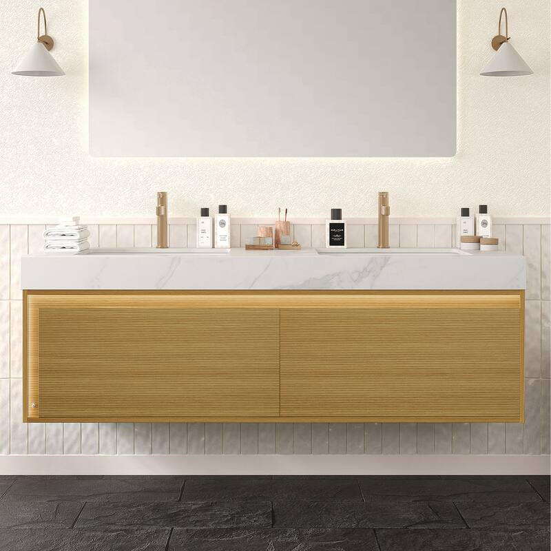 GDFStudio - Nyah Bathroom Vanity with Ultra-Slim Grille Drawer, Sensor Light, Travertine-Pattern Top