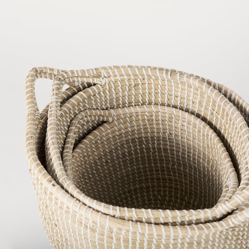 Maddie Light Brown & Black Seagrass Round Baskets (Set of 3)