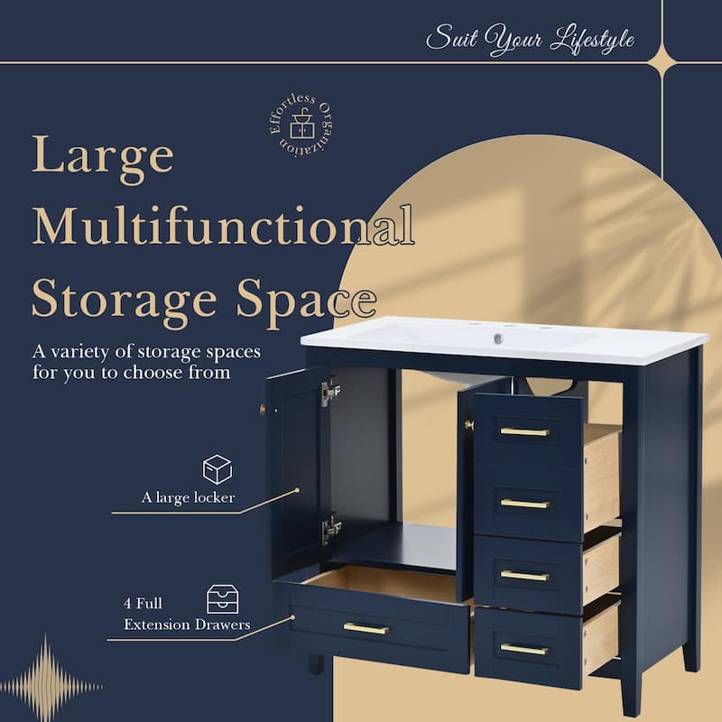 36 inch MDF Freestanding Bathroom Vanity Set in Blue with Integrated Resin Sink - 36'' x 18'' x 34''