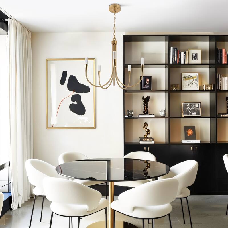 Modern Elegant 5-Light Gold LED Chandelier Dimmable Pendant Light Height Adjustable for Dining Room - 24" D x 22.5" H