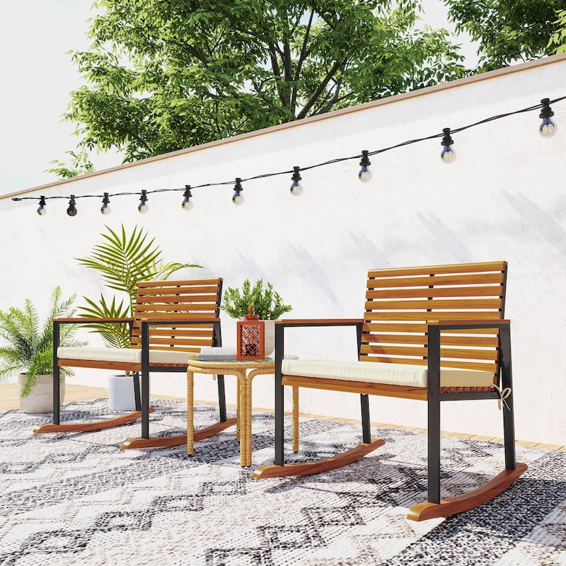 Outsunny Outdoor Rocking Chair Set of 2, Acacia Wood Outdoor Rockers with Armrests, Cushion