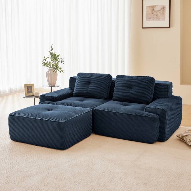 Roomfitters 82" Modular L-Shape Sectional Sofa, Corduroy Cloud Couch with Ottoman & Pearl Piping