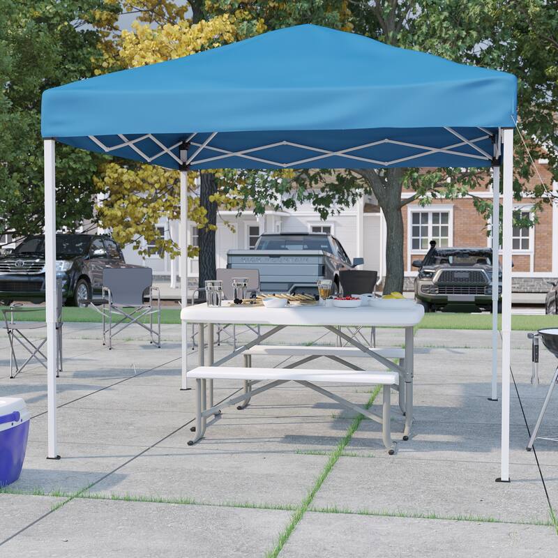 8' x 8' Pop Up Canopy with Carry Bag and Folding Table with Benches Set - Blue