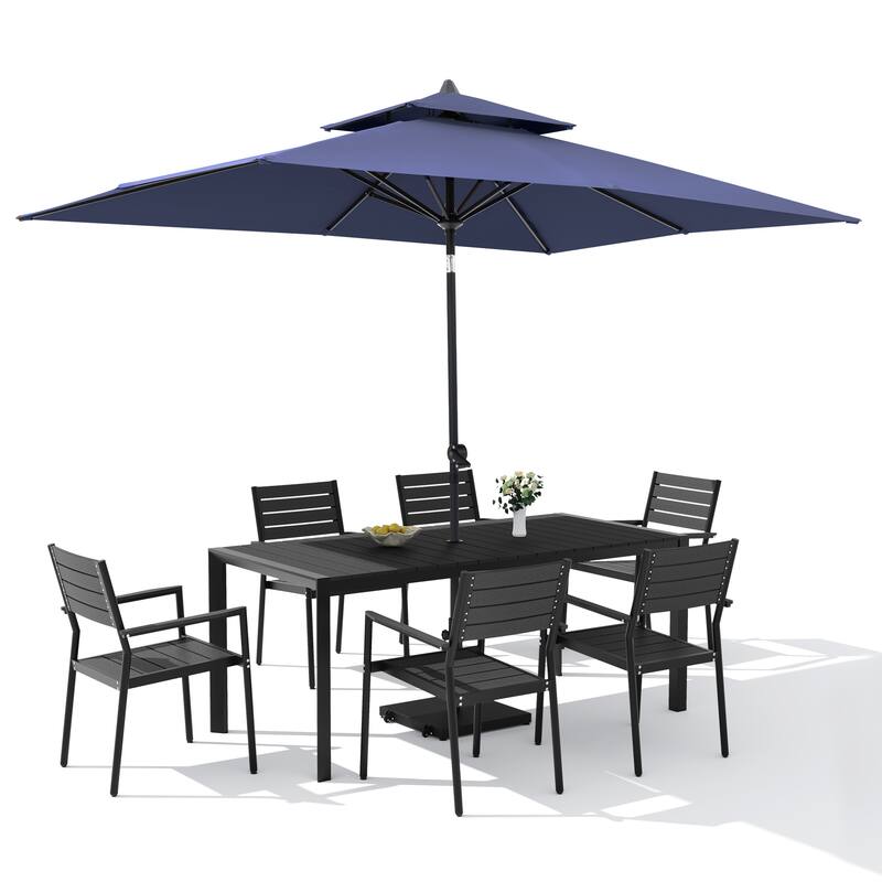 9-PCOutdoor Patio Dining Set Wood Like Aluminum Umbrella Hole Table with Stackable Armchairs, Market Umbrella and Wheel Base