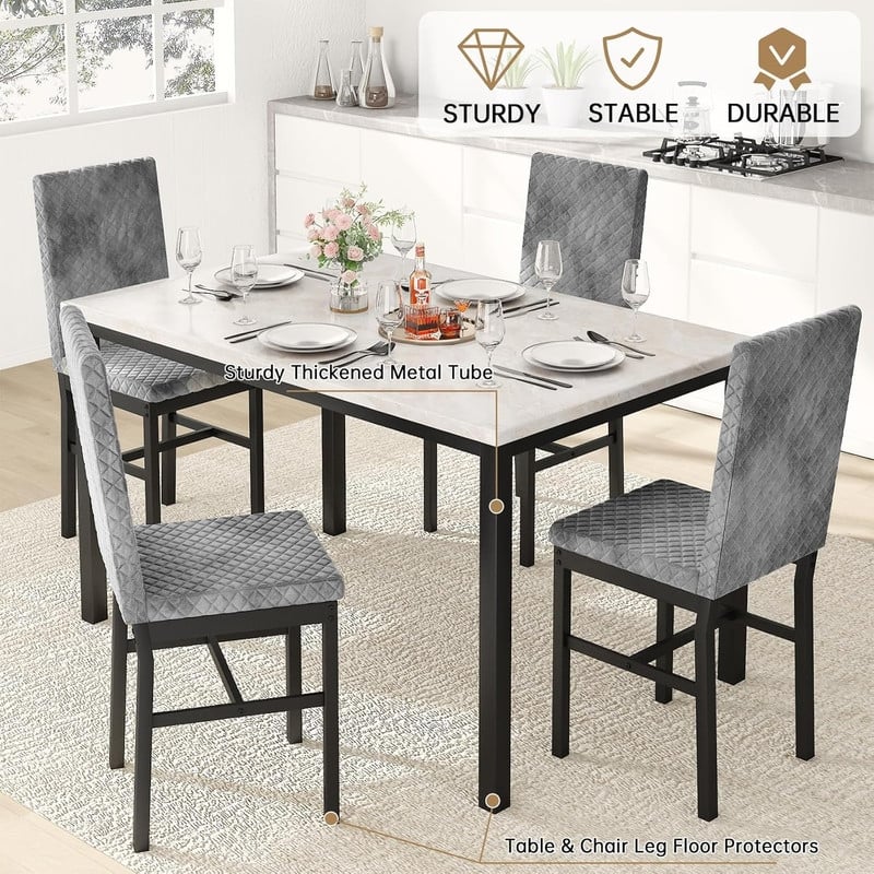 Grondin 5-Piece Dining Room Table Set with Faux Marble Table Top and Diamond Stitching Velvet Upholstery Dining Chairs