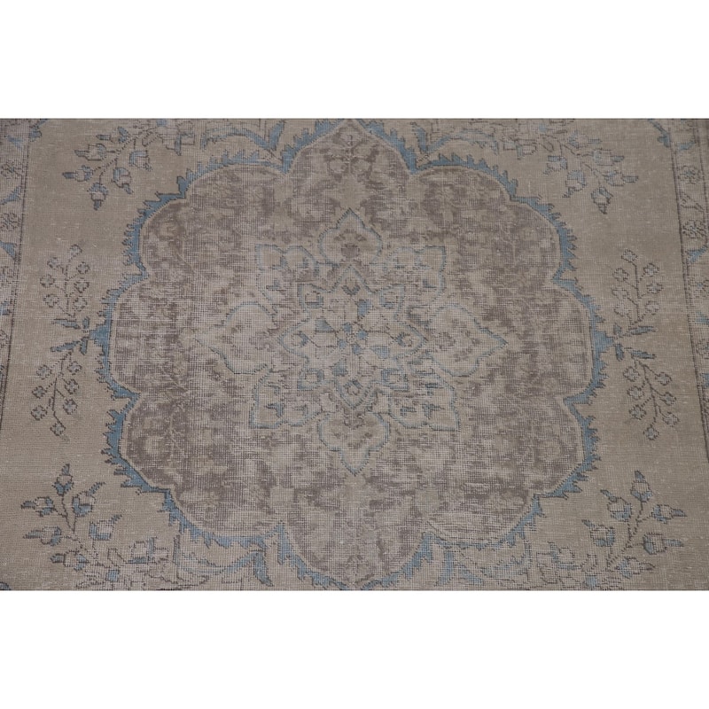 Beige Distressed Tabriz Persian Antique Area Rug Handmade Wool Carpet - 6'5" x 9'4"