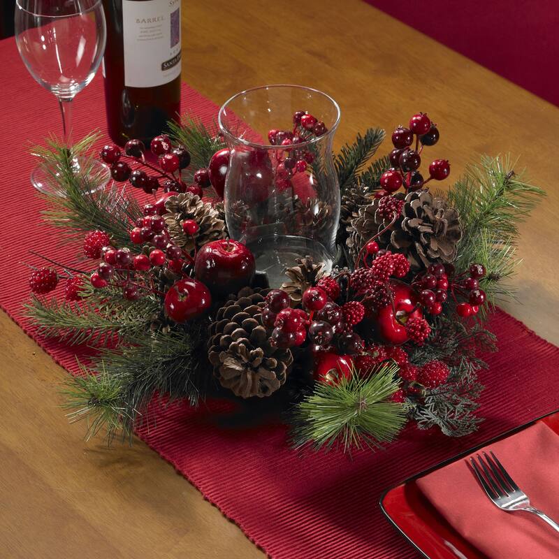 17.5" Red Berries Apples Pinecones Celabrum Glass Candleholder
