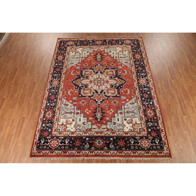 Geometric Heriz Serapi Indian Area Rug Handmade Orange Wool Carpet - 8'11"x 11'9"