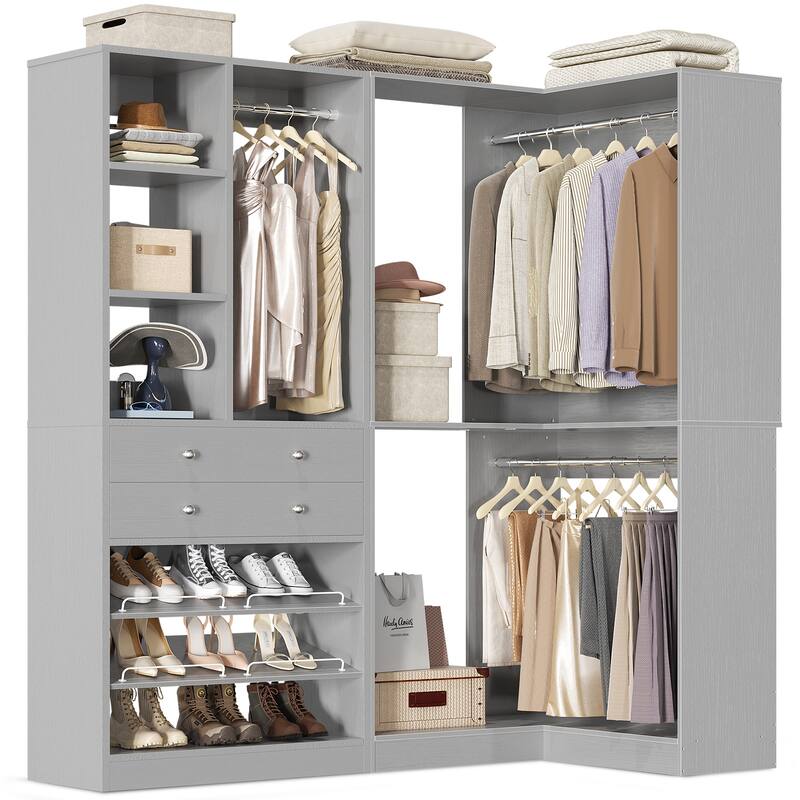 Set of 2/ 3 Coner Closet System with Shoe Racks and Drawers, Freestanding Closet Organizer with Hanging Rods and Shelves