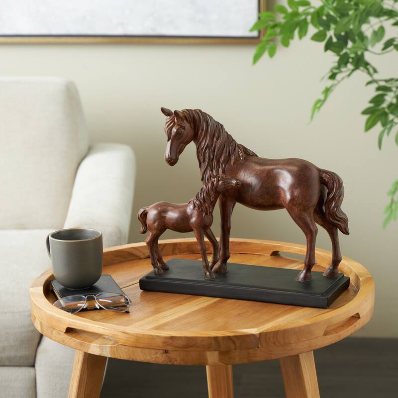 Dark Brown Ceramic Mom and Baby Horse Decorative Sculpture with Black Rectangle Base