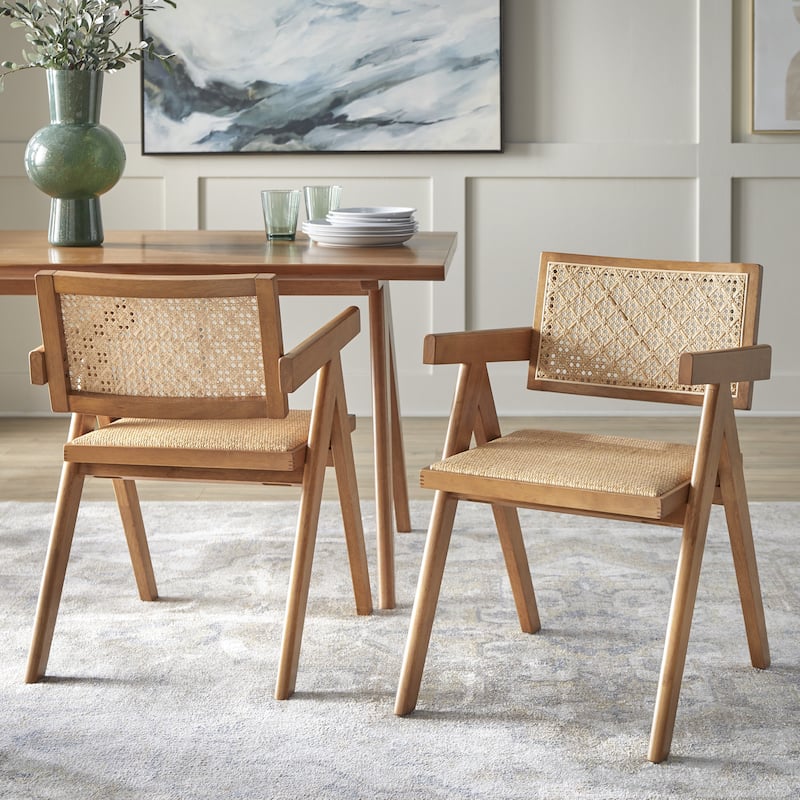 Lifestorey Velentina Solid Wood and Rattan Dining Chair (Set of 2) - Set of 2 - Light Walnut Arm Chair