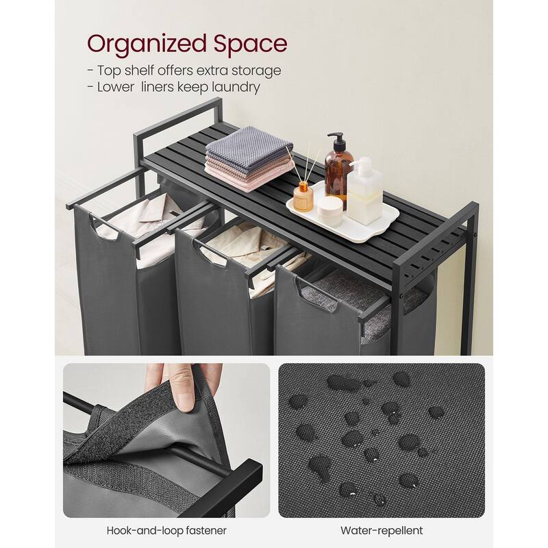 3 Compartment Laundry Sorter with Removable Waterproof Bags and Lockable Rolling Wheels - 36.4” x 13” x 28.4”