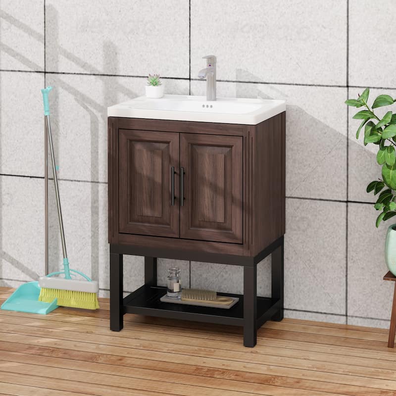 Roomfitters 24" Bathroom Vanity with Sink, Freestanding Storage Cabinet with 2 Doors and Open Shelf